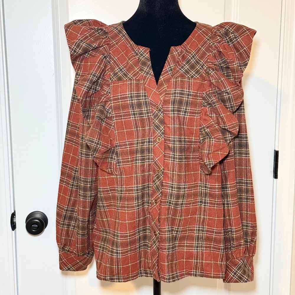 Entro Rust Plaid Wool Blend Ruffle Shoulder Top Large Boho Fall Contemporary